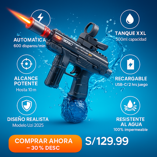 PISTOLA UZI LANZA AGUA CON HUMO Y LUZ RGB
